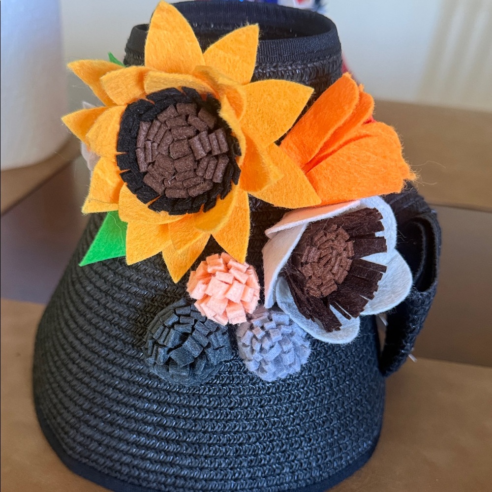 Black Straw Visor with Hand Crafted Petal by Petal flowers